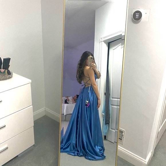 Blue satin long prom dress simple evening dress - Picture 2 of 3